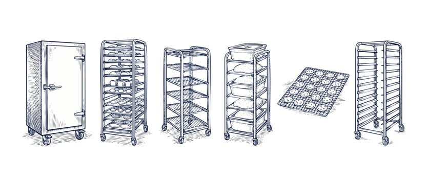 Bakery rack cart sketch vector set showing commercial kitchen equipment with fresh bread, dough trays, and cooling racks isolated on white background for bakery shop culinary branding design setup.
