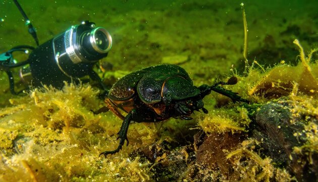 Close-up of a water beetle swimming underwater captured by an underwater camera