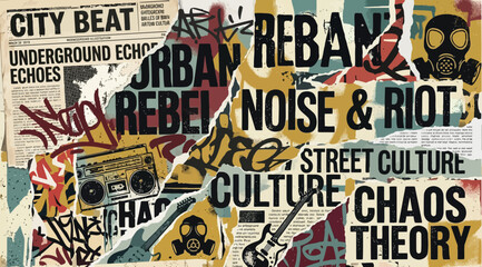 Urban street art collage with graffiti elements, vintage newspaper clippings, and musical motifs © Saharia