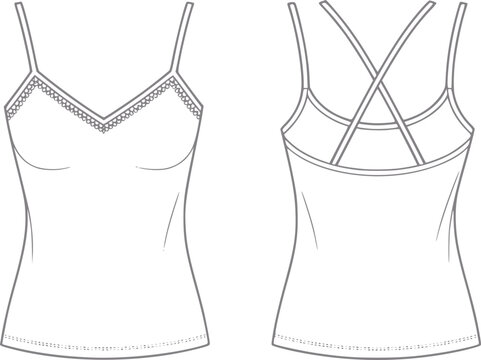 Line of a white camisole with lace trim and criss-cross straps