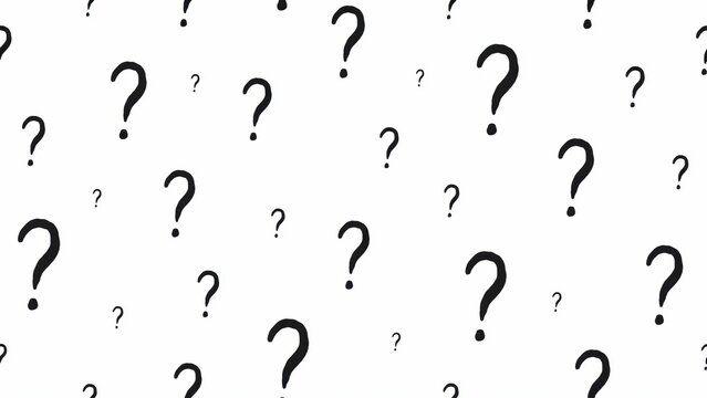 Question mark pattern featuring hand drawn black symbols scattered randomly across a clean white background for modern graphic design projects