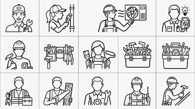 Industrial and Technical Maintenance Professionals with Tools and Diagnostic Icons with high professional line art symbols for modern creative design and digital branding projects