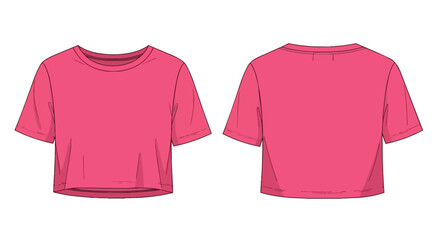 Naklejka premium Pink Short Sleeve Crop Top T-shirt Front and Back View Technical Drawing for Fashion Design and Apparel Illustration