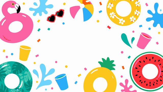 Summer pool party frame background with colorful inflatable floats