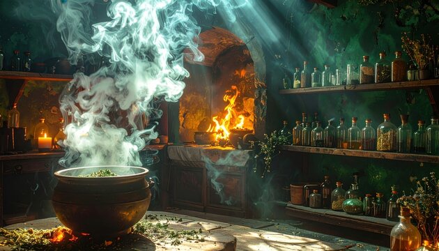 Steam Rises From A Bubbling Cauldron Of Herbal Concoctions In Flickering Firelight