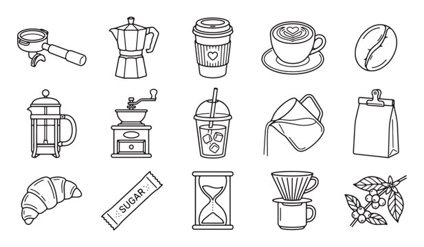 Coffee and Beverage Icon Set - Line Art Vector Collection with Cups, Beans, Brewers, and Bakery Items
