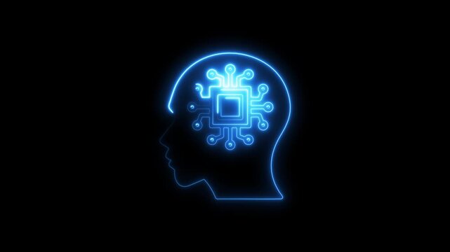 Glowing blue human head with circuit board brain neon light technology concept