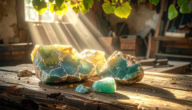 Raw unpolished turquoise gemstones with characteristic matrix webbing arranged artfully on a rustic wooden surface bathed in warm sunlight