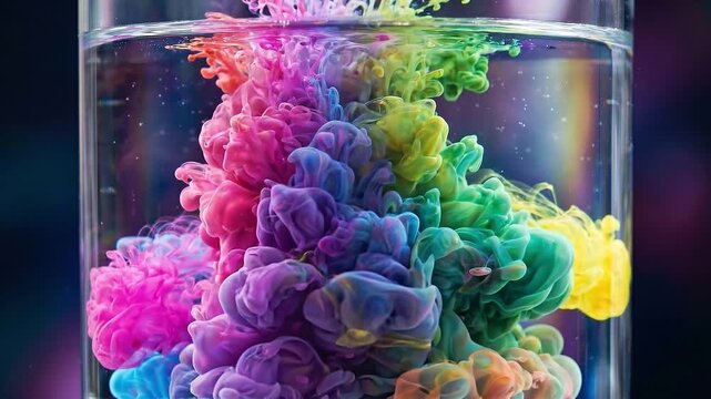 Slow motion closeup of colorful inks falling and dispersing into water inside glass container in studio, static tracking zoom revealing swirling liquid clouds and saturated pigments