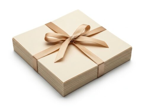 A square stack of cream colored cards tied with a beige satin ribbon bow isolated on a white background, for gift or, stationery use