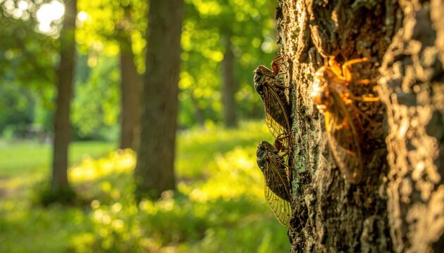 Two Cicadas Clinging to Rough Tree Bark in a Sunlit Forest