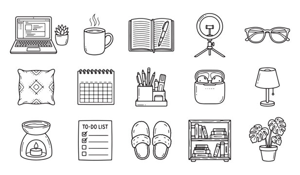 Remote Work and Home Office Icons - Hand Drawn Line Art Vector Set with Laptop, Desk Accessories, and Cozy Workspace Elements