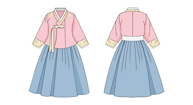 Elegant Korean Traditional Hanbok Clothing Featuring Pink Jeogori Jacket and Blue Chima Skirt Front and Back Views