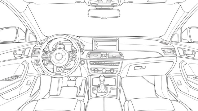 2D AutoCAD Vector illustration of a car's interior dashboard and seats