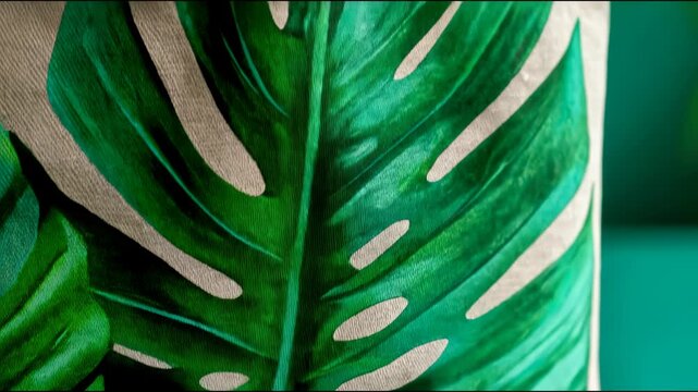 Canvas tote bag with tropical monstera leaf print against green foliage, perfect for eco fashion, reusable shopping, and sustainable lifestyle themes