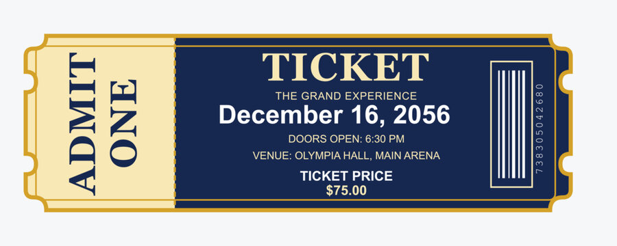 Blue and Gold Vintage Event Admission Ticket Template with Barcode