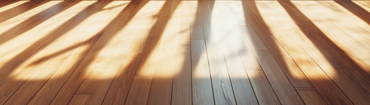 Sunlit wooden floor with strong, parallel shadows and a central bright beam creating an abstract, rhythmic stripe pattern, highlighting light and dark contrasts. Warmth, texture