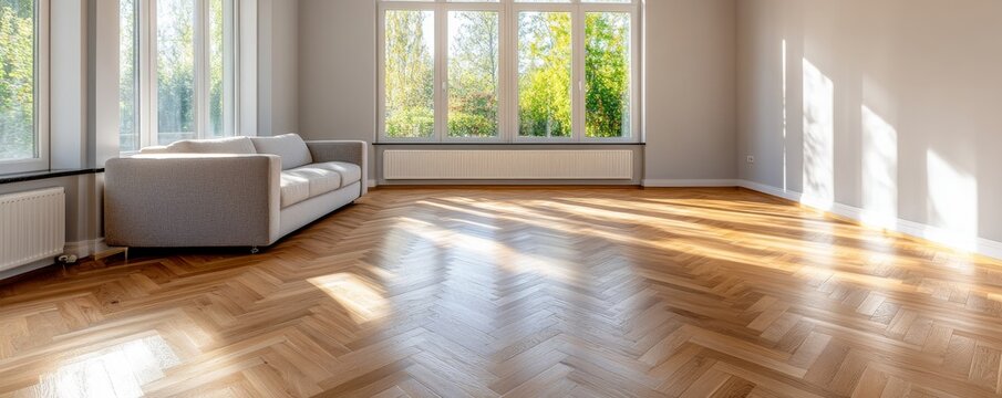 Sunlit, spacious empty room with bright natural light accentuating herringbone parquet flooring and grey walls, large windows, minimalist sofa. Modern interior potential. Home,