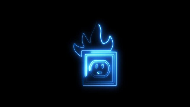 Blue neon burning laptop computer with sad face on screen on black background computer on fire neon sign