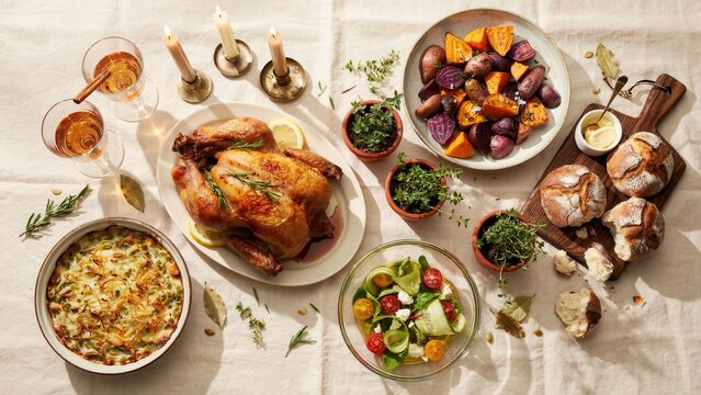 Roasted chicken dinner served on a rustic table with fresh salad vegetables bread candles and warm ambient lighting overhead
