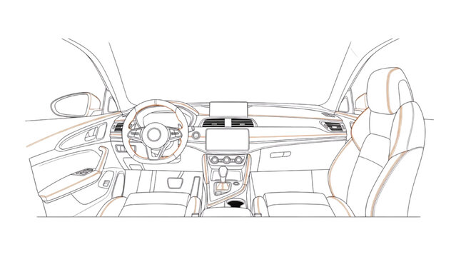 2D AutoCAD Vector illustration of modern car interior dashboard and seats