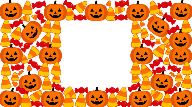 Halloween frame border with pumpkins and candy corn sweets and wrapped hard candy for holiday design.