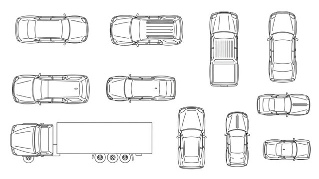 Various 2D AutoCAD Vector views of cars and a semi-truck