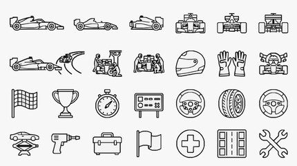 Naklejka premium Modern Racing and Motorsport Iconography Collection Featuring Vehicles Equipment and Symbols with high professional line art symbols for modern creative design and digital branding projects