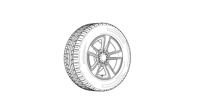 Detailed 2D AutoCAD Vector illustration of a car tire with wheel