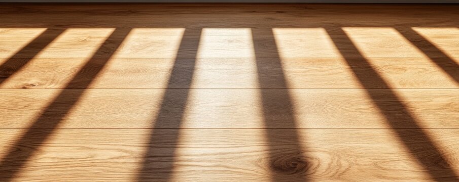 Warm oak floor bathed in sunlight, casting long, parallel bar shadows. A minimalist abstract study of light, texture and visual rhythm, evoking feelings of peace or confinement.