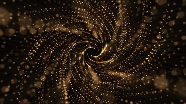 Abstract background with a spiral of glittering shiny gold particles and shallow depth of field. This luxury golden motion background animation is full HD and a seamless loop.