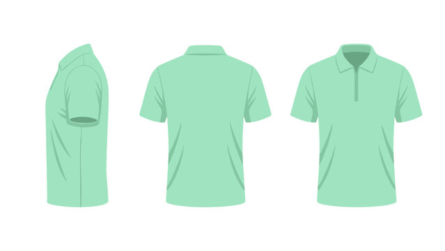 Men mint green polo shirt front back and side profile. Vector realistic mockup of male blank t-shirt with collar and short sleeves, casual clothing isolated on transparent background