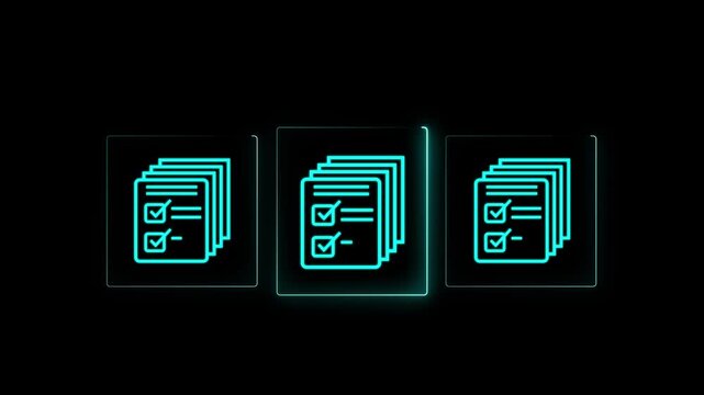 Neon digital document approval process animation, glowing checklist and task completion ui for business workflow and data management, 4k video.