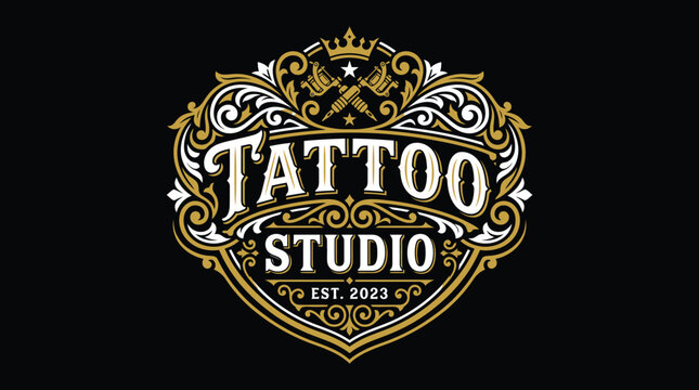 Ornate vintage tattoo studio logo design.