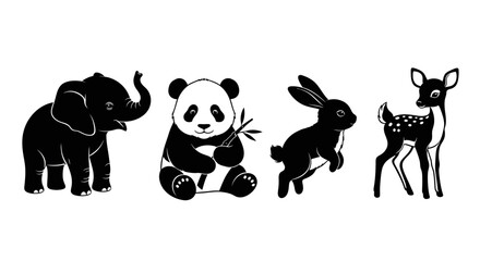 Cute black and white animal silhouettes of elephant panda rabbit © Priyanka