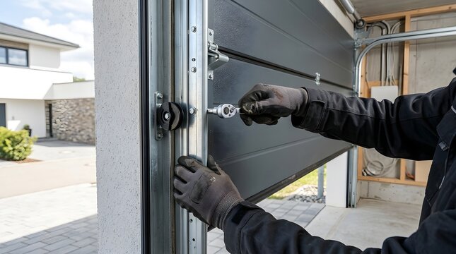Close up of a technician hands using a socket wrench tool to adjust or fix the metallic track mechanism of a sectional automatic garage door.