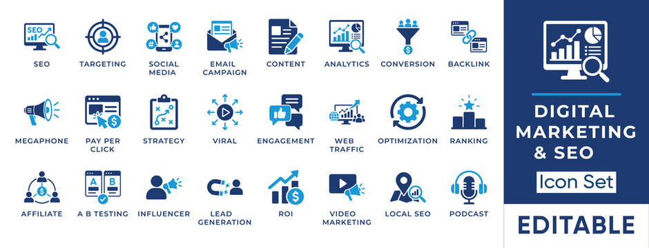 Digital marketing and SEO strategy solid icon set. Includes symbols for Lead Generation, Pay Per Click, and A/B Testing. Vector icons for web traffic analytics and agency presentations.