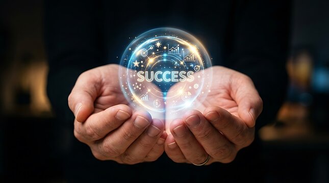 Human hands holding glowing glass sphere containing digital icons and text symbols for business growth development.