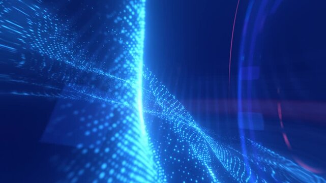Futuristic blue particle wave with glowing dotted mesh, digital motion