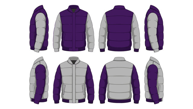 Purple and grey puffer varsity jacket design template front back and side view