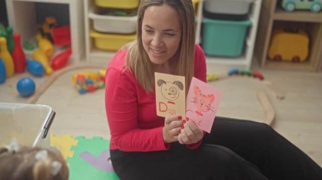 Woman holding flashcards showing dog and cat while pointing cards toward a toddler in a preschool classroom building; early learning joy.