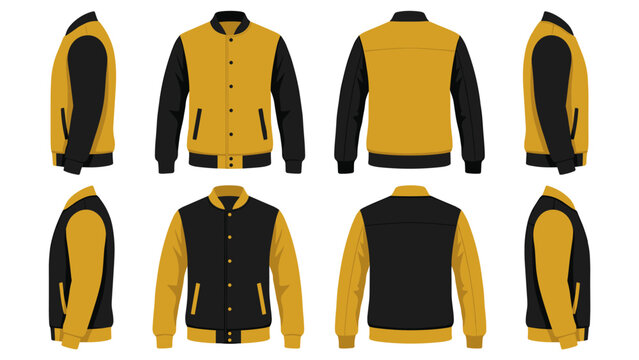 Black and yellow varsity jacket template with buttons front back and side view