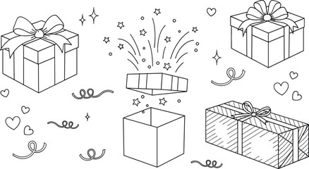 Fototapeta premium Gift box doodle vector set with ribbon bows confetti hearts and open surprise present package coloring page outline
