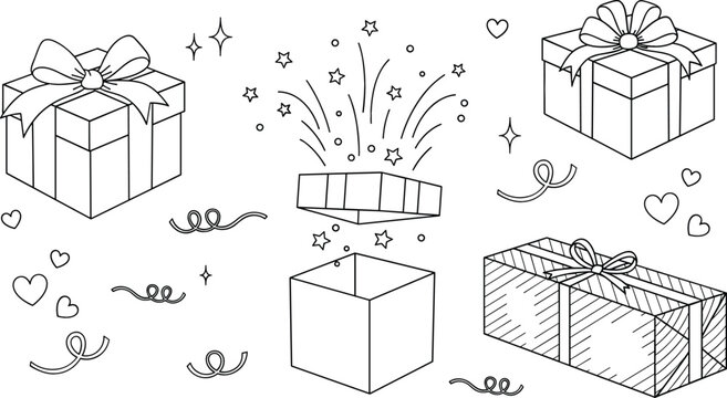 Gift box doodle vector set with ribbon bows confetti hearts and open surprise present package coloring page outline