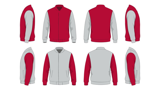 Red and light grey varsity jacket template vector illustration for sportswear mockup