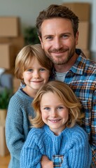 Fototapeta premium Happy family hugging in new living room with moving boxes and plant