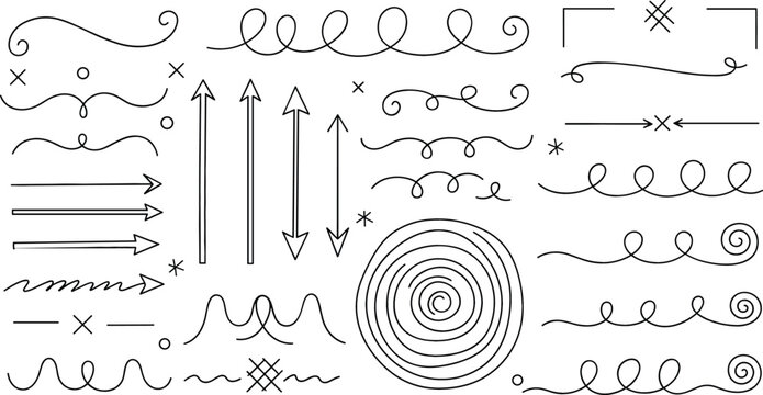 Flourish border vector doodle set with swirl divider text frame corner ornament curly line arrow and spiral pattern