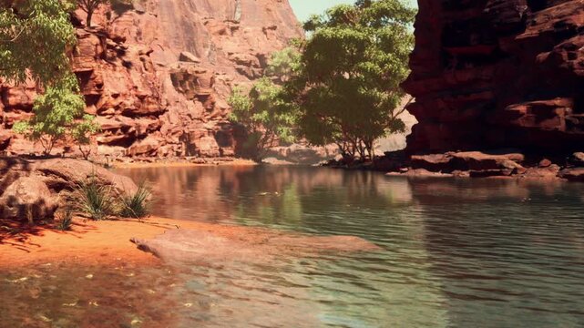 Water runs through a rocky area filled with tall trees. The sun shines on the rocks, creating shadows. The scenery shows a clear blue sky and calm water.