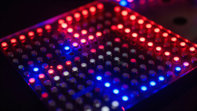 Nahaufnahme einer interaktiven LED-Matrix-Anzeigetafel mit bunten Lichtern