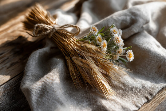 Wheat bundle rustic flat lay with wildflowers tied with twine on natural linen cloth over wooden table. Warm soft light, organic minimal composition. Perfect for harvest, rural concepts